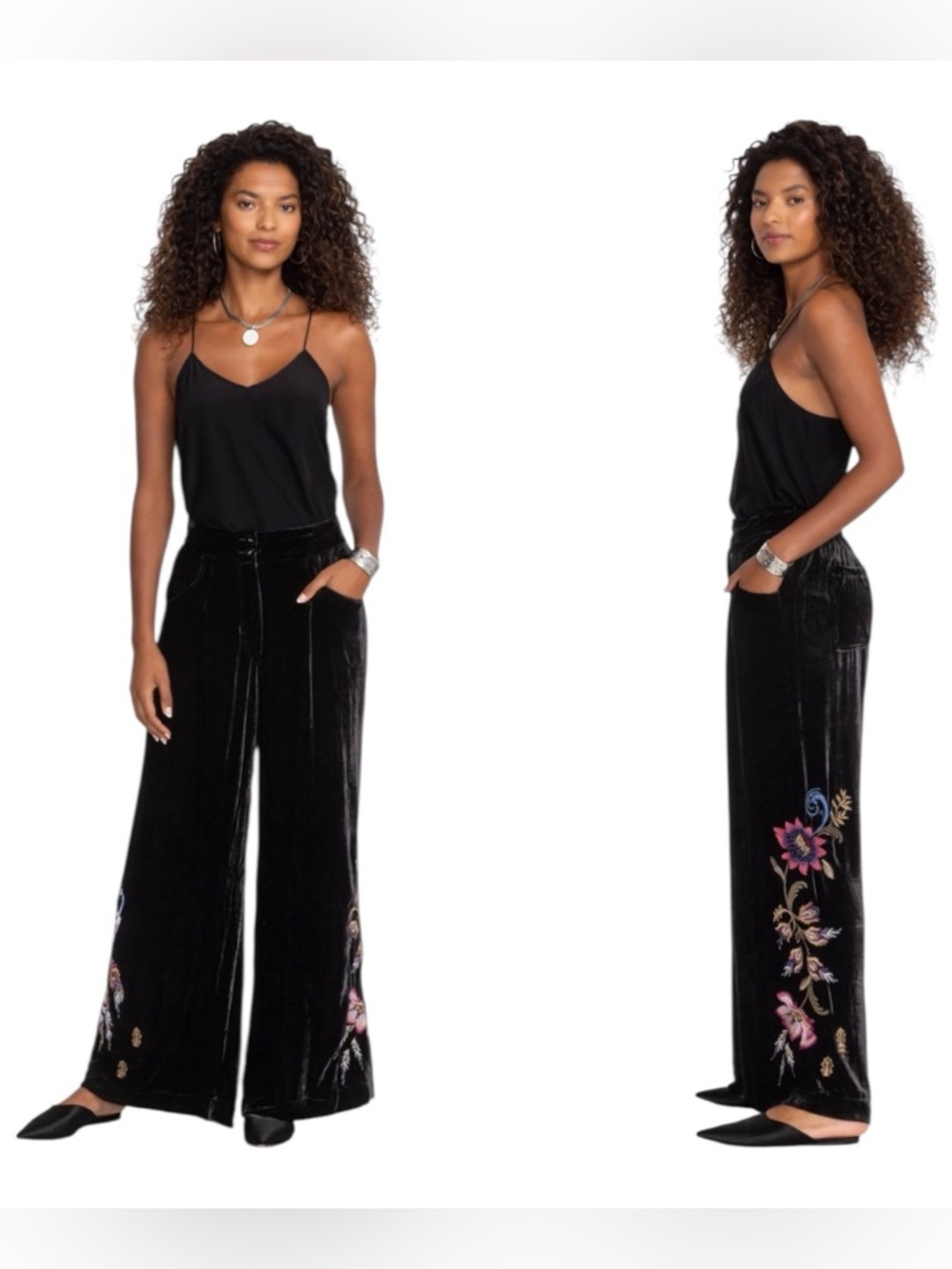 JOHNNY WAS Steffania Wide Leg Pleat Velvet Pants Embroidered Silk Blend Size L
